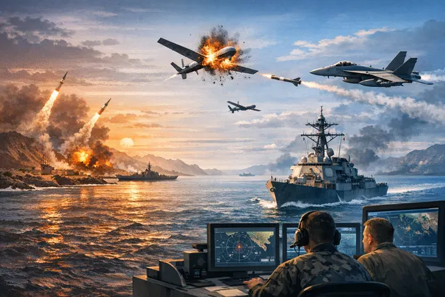 Conceptual editorial image depicting military escalation in the Persian Gulf with a focus on the Strait of Hormuz and radar strikes