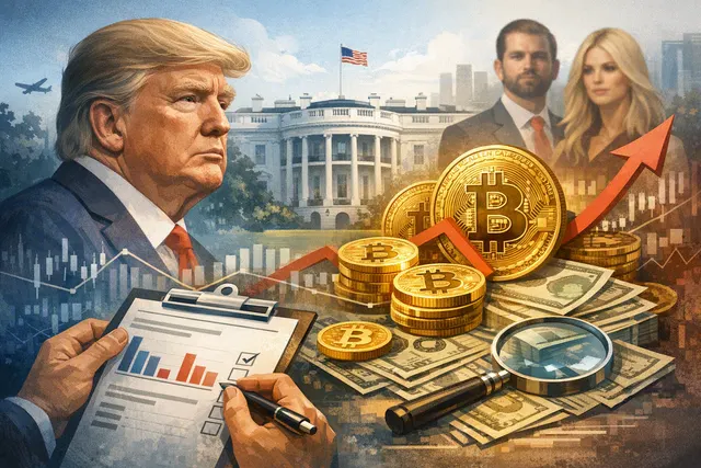 Editorial illustration of cryptocurrency symbols and the White House representing public concern over Trump family crypto profits