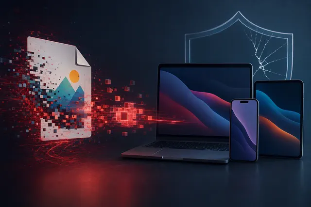 Conceptual illustration of an Apple device and a file-processing security vulnerability