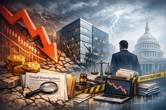 A visual representation of the multi-front crisis facing Strategy (MicroStrategy), including a collapsing stock chart, Bitcoin price slide, and a securities investigation document