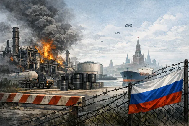 Editorial illustration of a Russian fuel refinery under drone attack, with fuel export restrictions and gasoline shortages represented in the foreground