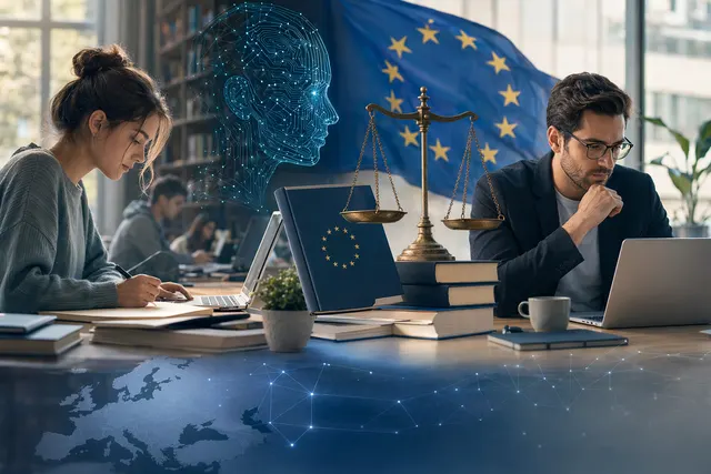 Studierende und Berufstätige prüfen KI-Regeln an einem Laptop