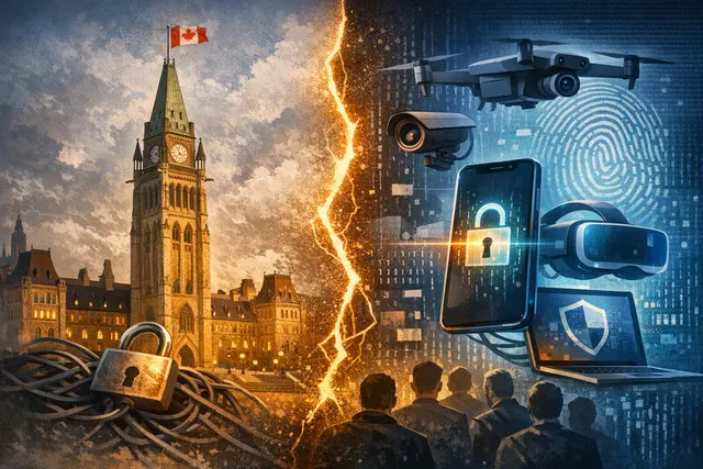 Conceptual illustration of digital encryption and surveillance concerns related to Canada's Bill C-22.