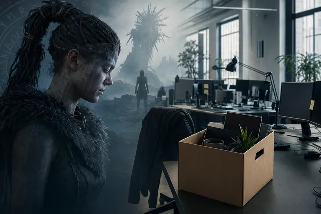 AI-generated editorial illustration representing job losses at a UK game studio.