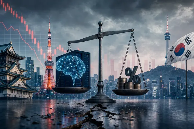 AI-generated illustration accompanying an article about AI investment concerns and stock-market declines in Japan and South Korea.