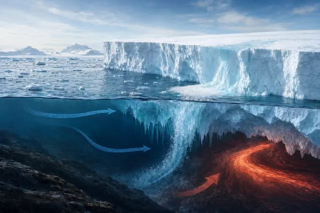 Illustration of Antarctic ice shelves melting as warm ocean water circulates beneath them