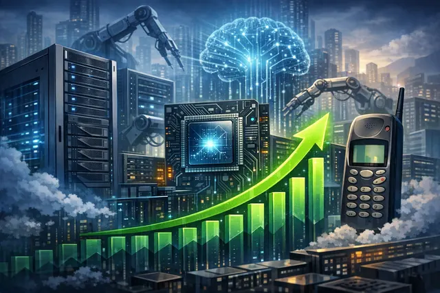 Illustration showing AI chips powering a revival of legacy tech stocks with circuit board motifs and upward trending stock charts.