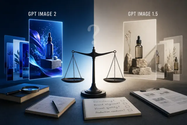 Editorial illustration for a comparison of GPT Image 2 and GPT Image 1.5 marketing asset reliability