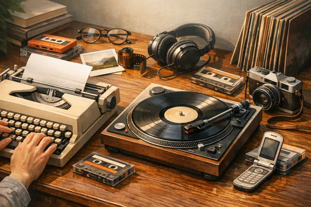Retro-inspired technology including a digital typewriter, cassette player, instant camera, record player, and simplified phone