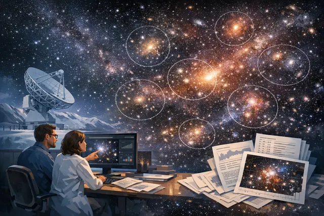 AI-generated concept image of a galaxy cluster survey with cosmic microwave background data and detection patterns.