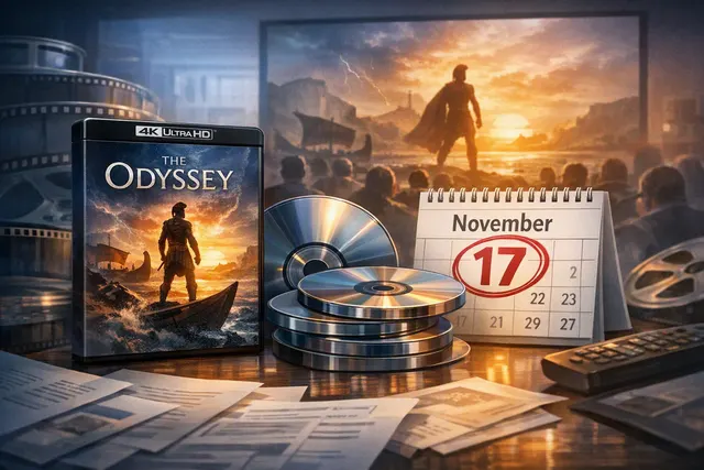 Editorial illustration for The Odyssey’s reported 4K Ultra HD Blu-ray release, showing a cinematic home-theater presentation inspired by IMAX photography