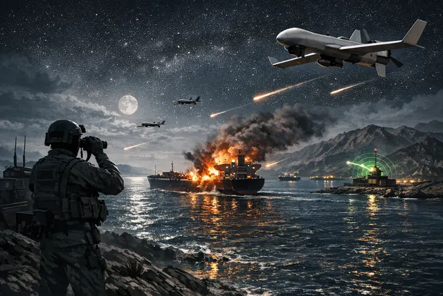 A warship and drone over the Strait of Hormuz at night, with commercial tankers in the distance