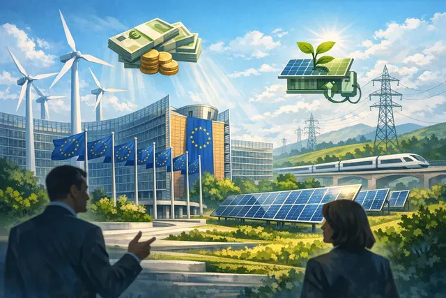 European Commission building with renewable energy symbols and fiscal policy documents overlay