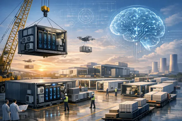 Conceptual illustration of Alibaba Cloud CUBE 5.0 modular AI data-center units being assembled like Lego blocks