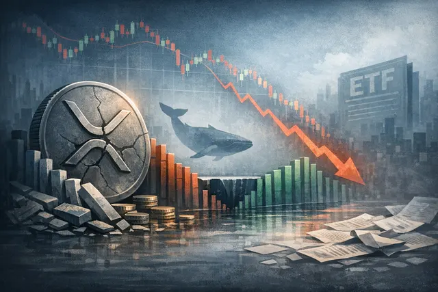 Abstract visualization of a collapsing liquidity graph for XRP on a cryptocurrency exchange, with red candles and a plunging index line.