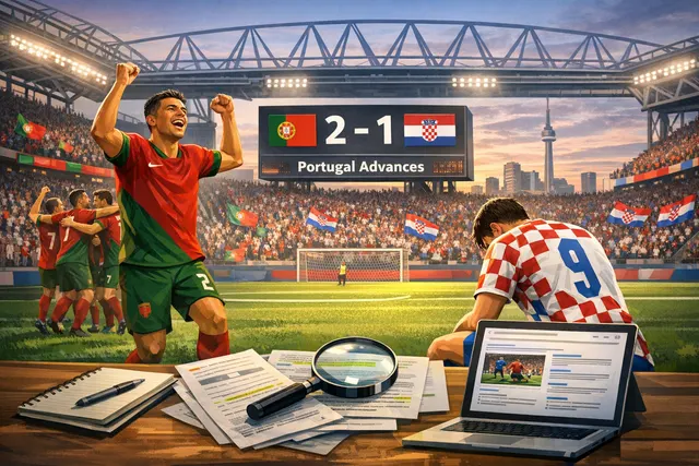 Portugal players celebrate after winning 2-1 against Croatia in the 2026 World Cup Round of 32 match at Toronto Stadium.