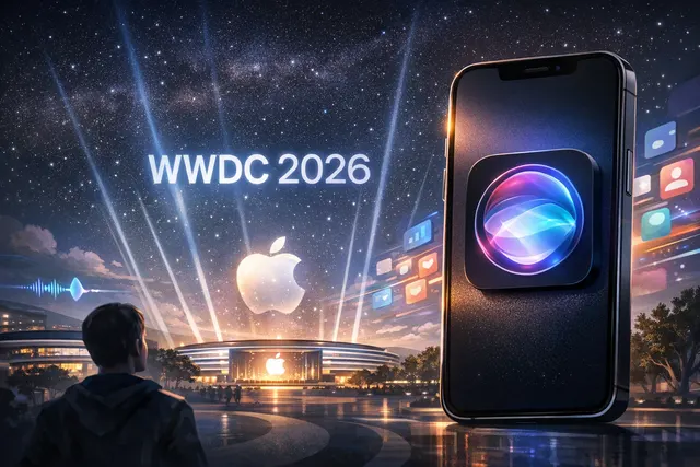 Concept art visualizing the redesigned Siri interface on an iPhone, glowing within the Dynamic Island with a 'Search or Ask' prompt.