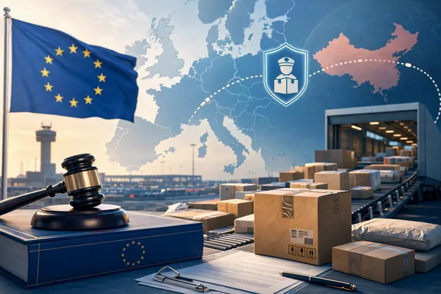 Editorial illustration of EU low-value import customs duties and cross-border parcel logistics