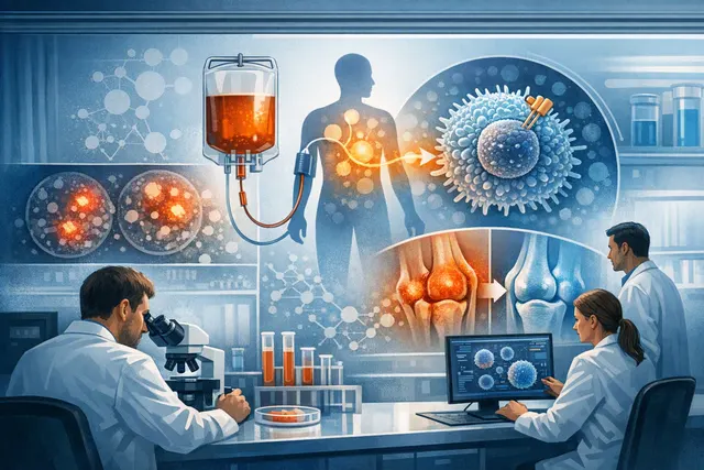 Illustration of CD19 CAR T-cell therapy targeting B cells in rheumatoid arthritis