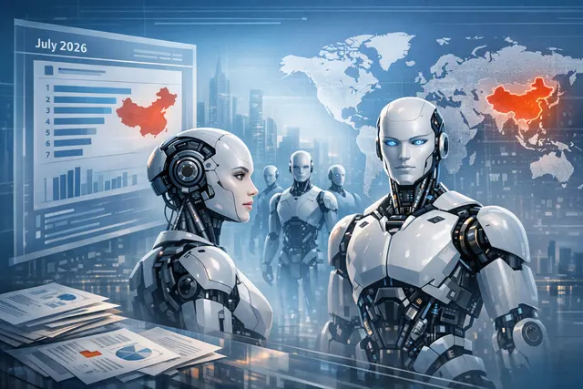 Two humanoid robots standing in a futuristic laboratory setting, representing the humanoid robotics patent race between China and the United States.