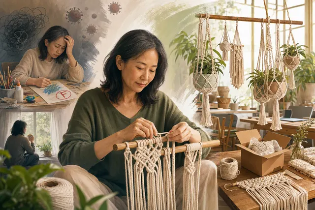 AI-generated editorial illustration inspired by Lu-Lyn Chang’s macramé bag-making story