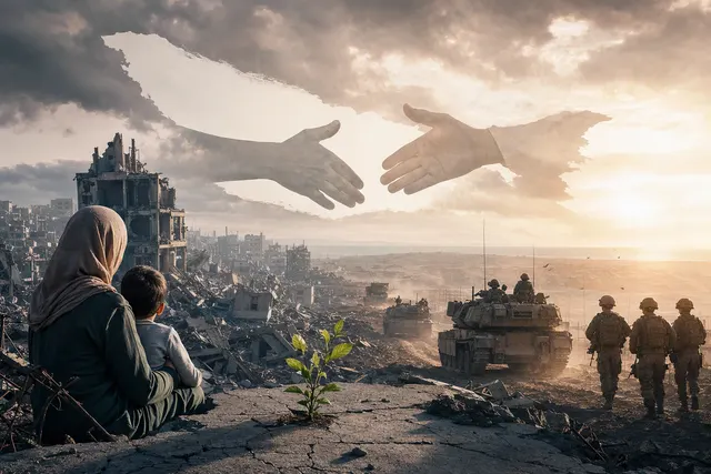 Illustrative editorial image accompanying an article about the Gaza ceasefire and Israel’s election campaign