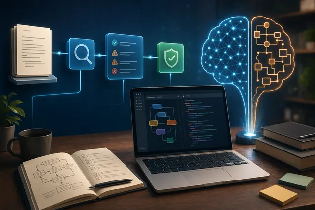 Illustration of an AI coding workflow checking software requirements before code generation