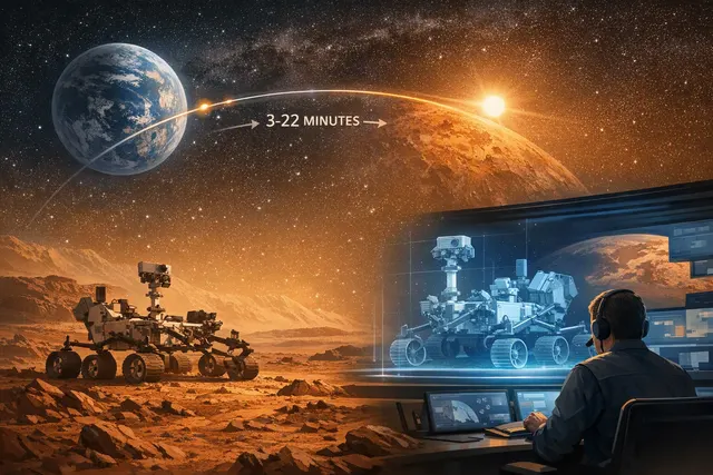 Autonomous Mars rover navigating a rocky landscape while Earth-based operators supervise from a digital simulation environment