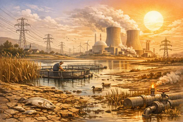 Editorial illustration of drought-stricken European waterways, fish ponds and a nuclear power plant during an extreme heatwave