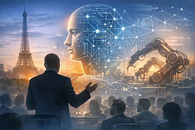 Jeff Bezos speaking at VivaTech 2026 in Paris, with AI and data center imagery in background