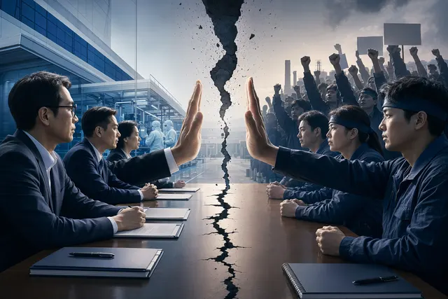 Editorial illustration of Samsung chip workers, semiconductor wafers and a labor dispute over AI memory production