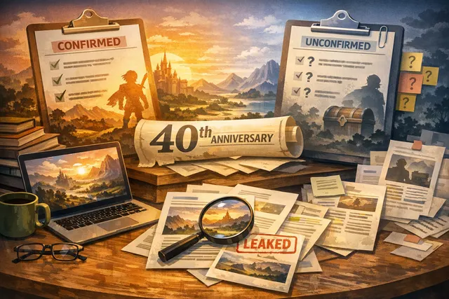 The Legend of Zelda 40th anniversary celebration featuring Link, the Triforce, and iconic Zelda imagery in a golden, nostalgic style