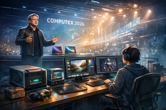 The redesigned interfaces of Adobe Photoshop and Premiere Pro displayed on a screen alongside hardware representing Nvidia's RTX Spark superchip, symbolizing the rearchitecture of