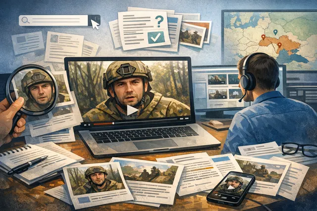 AI-generated editorial illustration representing a soldier addressing a camera with the Kremlin in the background