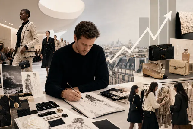 Editorial illustration representing Chanel’s 2025 growth driven by new designs and luxury demand