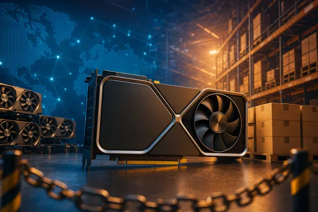 Editorial illustration for a story about GeForce RTX 5090 supply shortages