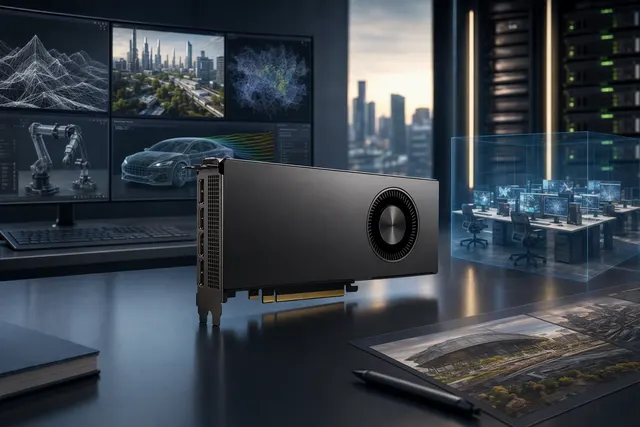 Editorial illustration of the NVIDIA RTX PRO 5500 Blackwell workstation GPU for enterprise AI infrastructure