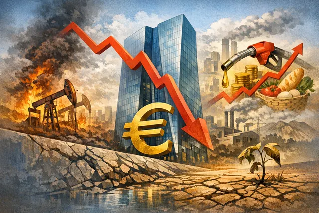Illustration of euro currency symbols and oil barrels colliding over a map of Europe, visualizing the collision of an energy shock and monetary policy in the eurozone