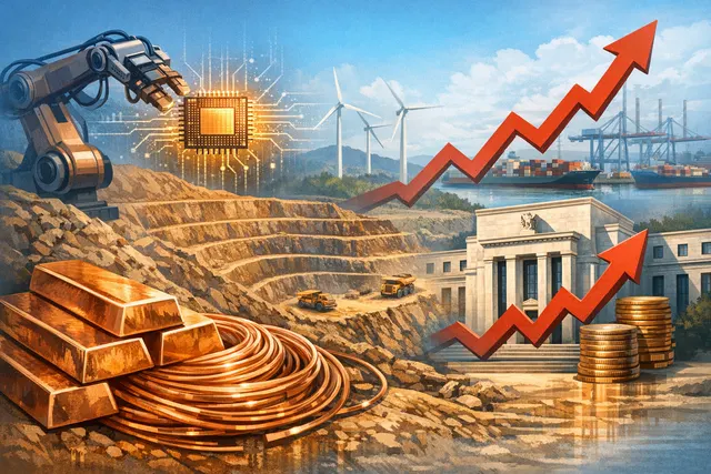 Illustration of copper mining operations, with rising price charts and global supply chain elements