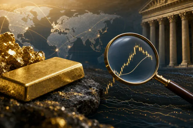Editorial illustration of gold bullion representing gold-price forecasts and market volatility