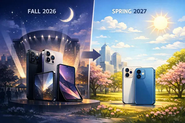 Concept render of Apple's iPhone 18 split launch strategy showing a premium iPhone 18 Pro and a delayed standard iPhone 18 on separate timelines.