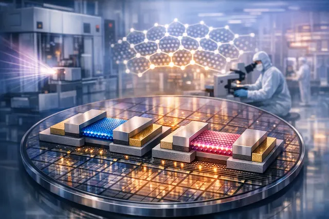 Conceptual illustration of a 2D-material transistor integrated on a 300mm silicon wafer with a 50nm gate pitch, representing the ASML-TSMC-Imec manufacturing breakthrough.