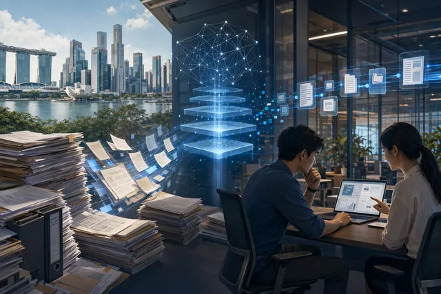 Illustration of AI organising information from paper documents into a digital workflow