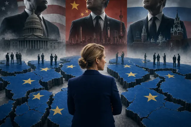 Illustration representing EU foreign policy chief Kaja Kallas and the geopolitical tension between Europe, the United States, China, and Russia