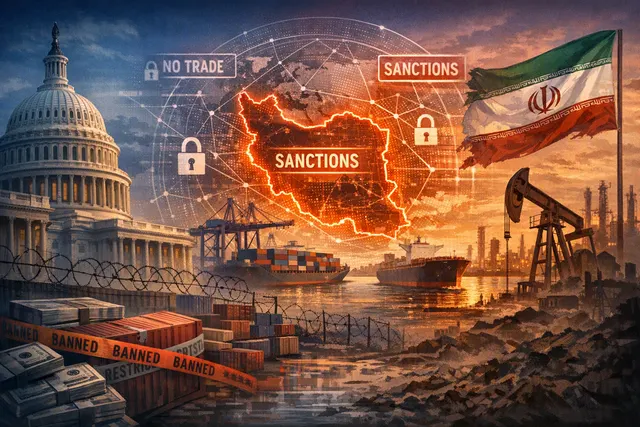 Illustration of US sanctions tightening around Iran’s oil, banking and shipping networks near the Strait of Hormuz