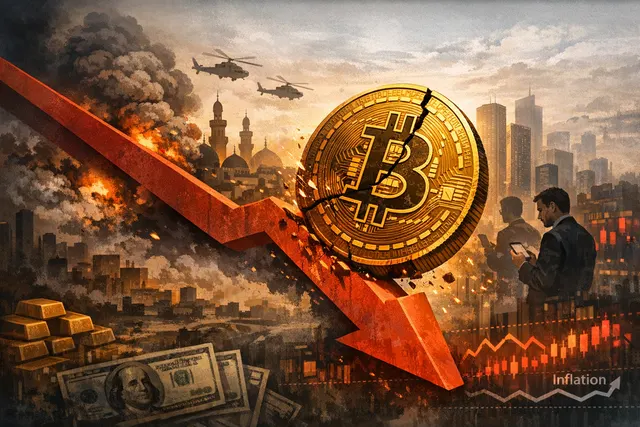 A downward trending red candlestick chart overlaid on a dark map of the Middle East, symbolizing Bitcoin's price drop amid geopolitical tensions.