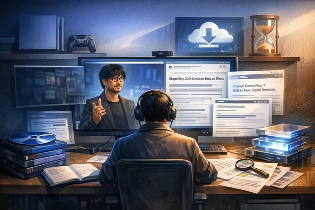 Hideo Kojima looking pensively at a PlayStation disc, symbolizing the end of physical game media in 2028