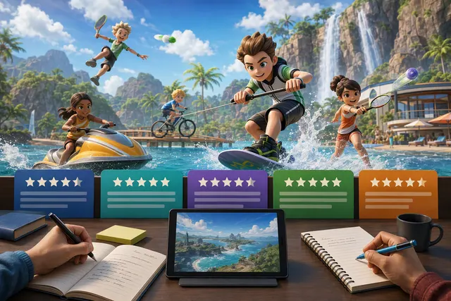 Illustrative image for a review roundup of Nintendo Switch Sports Resort and its motion-controlled sports on Wuhu Island
