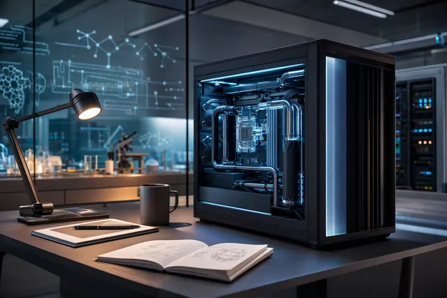 Illustration of AMD Threadripper Halo Station, a liquid-cooled deskside AI workstation