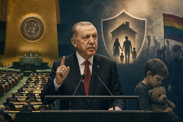 Editorial illustration of Recep Tayyip Erdogan’s UN General Assembly address and Turkey’s LGBTQ+ crackdown